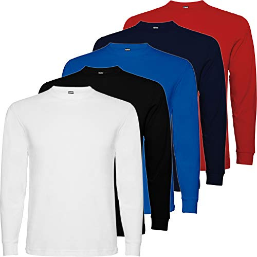 Pack 5 | Camisetas Manga Larga Hombre | 100% Algodón Punto Liso | Cuello Redondo (FR/ES, Letras, L, Regular, Regular, 5 Colores)