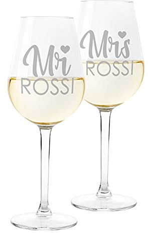 Colorfamily Coppia Calici Personalizzati Set da 2 calici Vino Personalizzati con Cognome Mr Mrs - Bicchiere in Vetro 500 ml