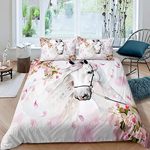 Loussiesd Ropa de cama con estampado de caballo y flores, color blanco, juego de funda nórdica con diseño de flores y acuarela, 135 x 200 cm, para dormitorio y decoración de animales