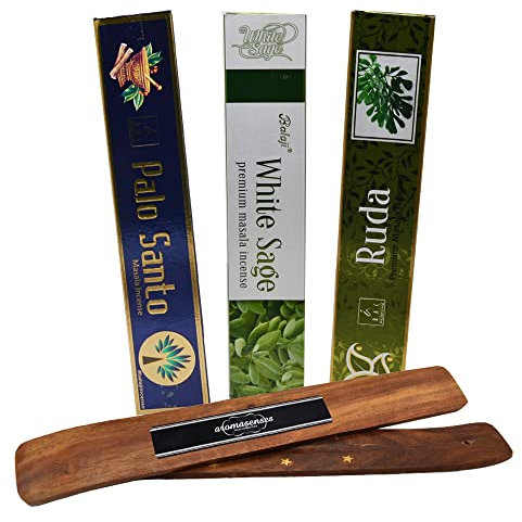 Aromasenses.- Balaji inciensos 3 Cajetillas de 15 Gramos, Ruda, Salvia Blanca y Palo Santo + Tablilla Aromasenses