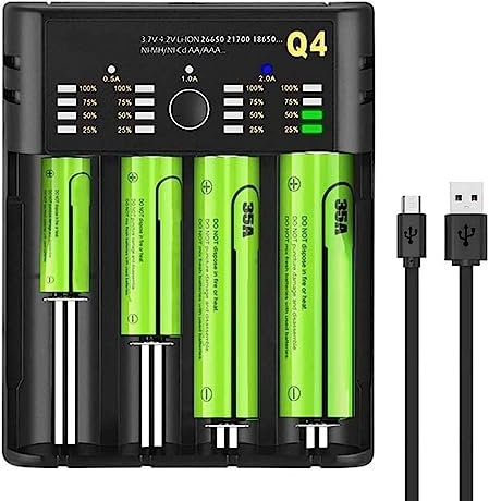 Cargador de Batería, Cargador Universal de 4 Ranuras con Entrada Micro USB Cargador de Batería con Pantalla LCD para Baterías Li- Ion/NiMH0/NiCD- de los Tamaños 18650 16340 AA AAA
