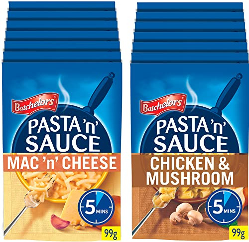 Batchelors Pasta 'n' Sauce Bundle: 7 x 99 g Sachet Mac 'n' Cheese & 7 x 99 g Sachet Chicken And Mushroom