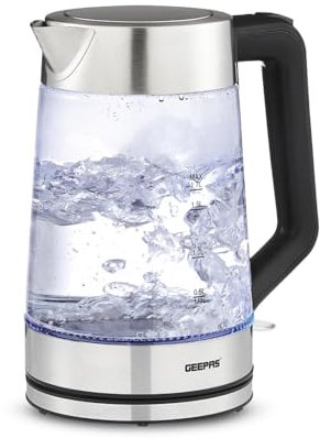 GEEPAS Illuminating Electric Glass Kettle | 1.7L Cordless Jug Kettle with Stainless Steel Heating Element | Auto Shut Off Boil-dry Sensor & 360° Rotational Base | 2 Year Warranty 3000W Black