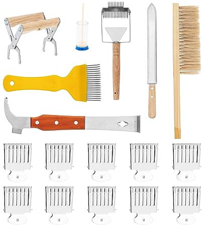 Wiesenfield WIE-BEESET-4 Imkerei-Starterset 17-tlg Stockmeißel Bienenbesen Wabenzieher Entdeckelungswerkzeug 10 Königinnen-Fänger Imker Set Bienen Anfängerset Grundausstattung