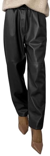 KBOPLEMQ Pantaloni in pelle da donna a gamba dritta larga, pantaloni a gamba larga a zampa di elefante a vita alta con tasca per feste in similpelle PU, O nero., M