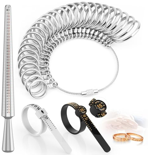 JAZORR Ring Sizer Measuring Tool Kit, 27 PCS Stainless Steel Measuring Ring Tool with Ring Sizer Mandrel, 2 PCS Reusable Finger Size Tape with Magnified Glass A-Z UK Rings Size, 30 pcs