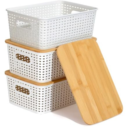 APOMOONS 3er-Set Aufbewahrungsboxen mit Bambus Deckel Bad 5L Korb Plastikbox Weiß 25x18x10cm Lidded Stapelboxen Badezimmer Aufbewahrungsboxen Rattan Organizer Box Besteckkasten Camping Kunststoff