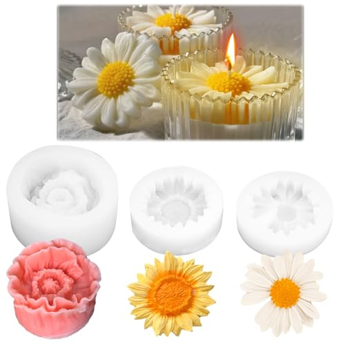 3 Pezzi Stampi Fiori In Silicone 3D Per Fabbricazione Candele Fai Da Te,Stampo Candele Natale,Forme Fiore Per Candeles,Forma Di Peonie Gänseblümchen, Fondantformen,Geleeformen, Gussformen, Harzformen