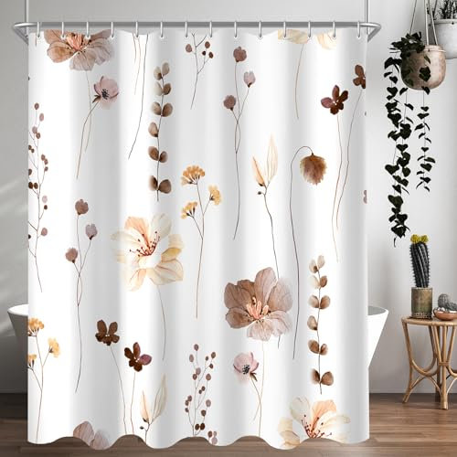 Lerores Duschvorhang 180x200 cm Braun Blume,Beschwerter Saum Antischimmel,Wasserabweisend, Waschbar Polyester Badevorhänge mit 12 Ösen und Duschvorhangringe für Badezimmer,Badewanne
