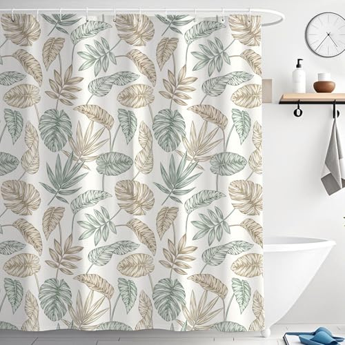 WYRCFS Green Leaf Shower Curtain 180x180cm Mould Proof Waterproof | Machine Washable, Quick-drying, with 12 Rust-proof Hooks, Weighted Hem, Bath Curtain for Bathroom & Wet Room