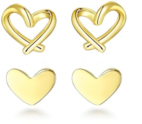 2 Pairs Small Heart Stud Earrings for Women Hypoallergenic 14k Gold Plated Love Heart Stud Earrings Jewelry Gifts (2Pairs-gold)