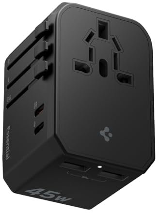 Spigen ArcStation Adattatore Universale da Viaggio 45W [4-Porte & PD] con 2 USB C e 2 USB A, Presa Universale da Viaggio per Inglese/Americana/Australia/Giappone, Viaggio Accessori Utili - Nero