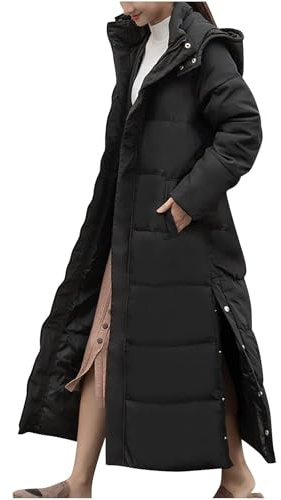 Maxi Puffer Jacket Women,Ladies Longline Padded Coat Long Hoodie Winter Warm Quilted Padded Jacket Hooded Long Parka Coats Down Coat With Removable Hood Clearance UK(Black-01,XL)
