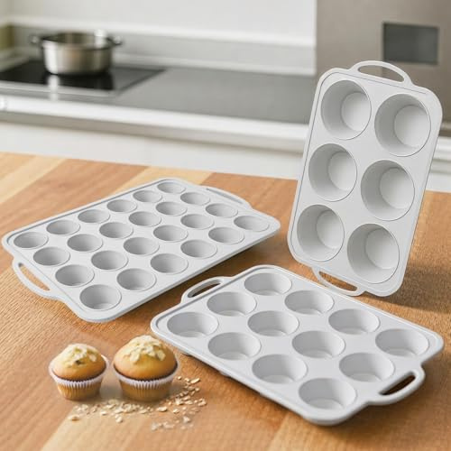 Vnray 3Pcs Silicone Muffin Pan 6, 12 and 24 Cup with Metal Frame, Non Stick Jumbo Cupcake Pan with Handles, BPA Free Silicon Mini Muffin Tin Regular Tray For Baking,Egg Bites,Mold Light Grey