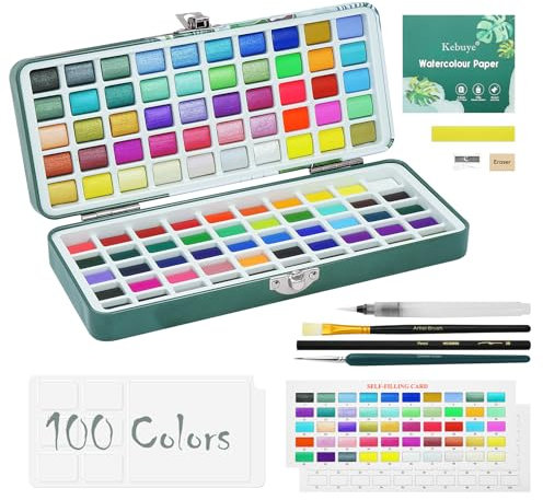 Watercolour Paint Set Art Watercolor - 100 Water Colour Paints Sets in Portable Box - Travel Watercolours Kit with Brushes Paper Pencils Palette - Essential Kits for Kids Adults Artist Beginners