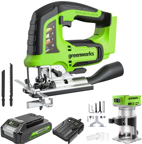 Greenworks Sierra de calar con batería de 24 V y fresadora inalámbrica, altura de elevación de 26 mm, sin escobillas, incluye batería de 2 Ah y cargador