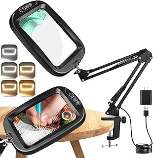 15X Rectangle Magnifying Glass with Light: Stand & Clamp (2-in-1 LED Desk Lamp) – 5 Color Modes Stepless Dimming, Ideal for Reading, Crafts & Close Work