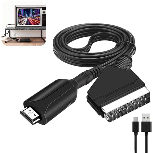Convertidor SCART a HDMI 1080p/720p, Cable Euroconector a HDMI - Adaptador Euroconector a HDMI con Cable, Compatible con HDTV, DVD, BLU-Ray, VCR, Proyector y Consolas de Juegos
