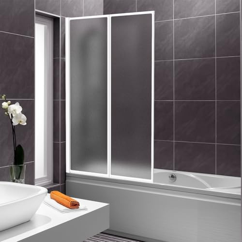 Vkechh Parete per vasca da bagno 100×140 cm, 2 pannelli Pieghevole in plastica PS resistente alle rotture, Parete doccia con telaio in alluminio bianco, Sopravasca per vasca da bagno con protezione