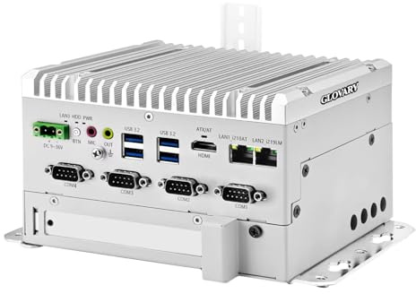 Glovary Fanless Mini PC i5 8265U (4C8T, up to 3.9GHz), 2 x LAN (i210+i219-LM) Linux Industrial Computer Din Rail, Barebone, 4 x RS232 COM, 4USB3.2, PCIe, 9-36V Auto Power on