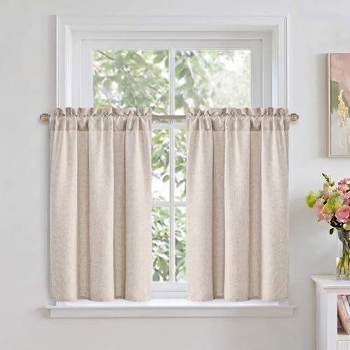 DWCN Sand Faux Linen Kitchen Curtains, 24 Inch Drop Cafe Curtains for Small Windows, Solid Colour Short Window Curtain Tiers for Bathroom, Cupboard, Sink, Rod Pocket, W 26 x L 24 Inch, 2 Panels