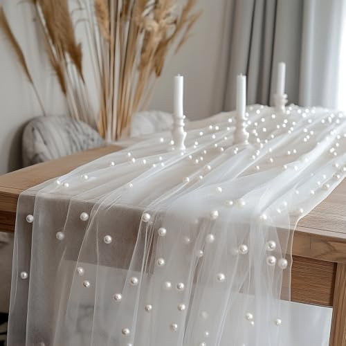 70x300 cm White Elegant Pearl Table Runner, Lace Tablecloth | Sheer Cheesecloth for Wedding Decorations, Bridal Shower, Birthday Party, Dining Table Decor