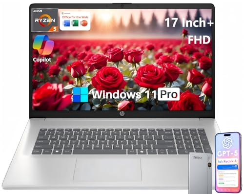 HP 17 Inch Laptop, 17.3 FHD IPS Display, AMD Ryzen 5 7430U (Up to 4.5GHz), 20 GB RAM, 512 GB SSD, Wi-Fi 6, Bluetooth 5.4, Windows 11 Pro, Copilot AI Key, Numeric Keypad, w/RECOLX AI Voice Recorder