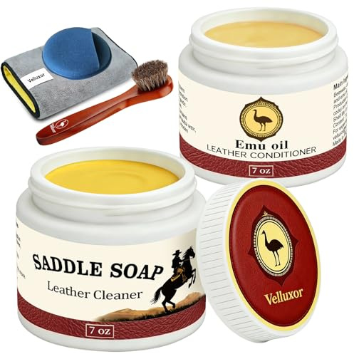 Velluxor Leather Boot Care Kit, Emu Oil, Saddle Soap forLeather, Professional Leather Cleaner & Conditioner forHorse Tack, Shoes, Bags, Couch, Cowboy & Wood, DeepClean Moisturize, Repair & Nourish