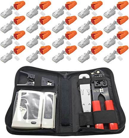 ARLI RJ45 Netzwerk Werkzeug Set 20x Netzwerkstecker Netzwerk Stecker Modular Zugentlastung Einführhilfe für Verlegekabel Cat7 Cat6a Cat8.1 Crimpzange Abisolierer LSA Anlegewerkzeug Netzwerktester