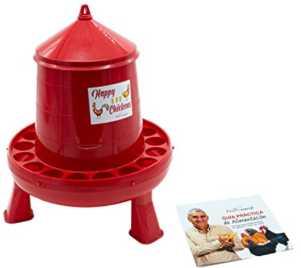 FINCA CASAREJO Comedero con Patas para Gallinas - Tolva Happy Chickens 8 kg - Plástico Resistente para conservar el alimento - Incluye Guía Práctica de Alimentación