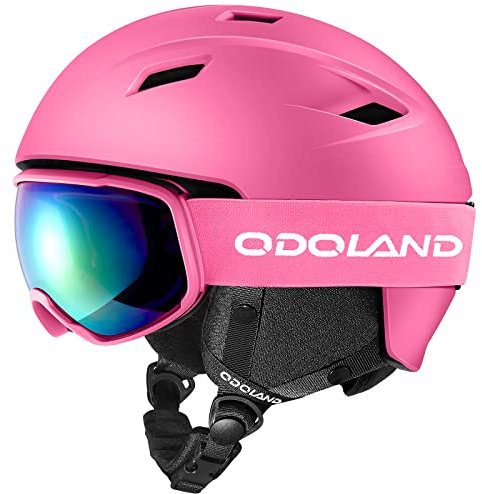 Odoland Skihelm und Skibrille Set Snowboardhelm mit Snowboardbrille für Erwachsene, Schneebrille UV 400 Schutz Windwiderstand Snowboard Brille zum Skifahren Bergsteigen Rosa M