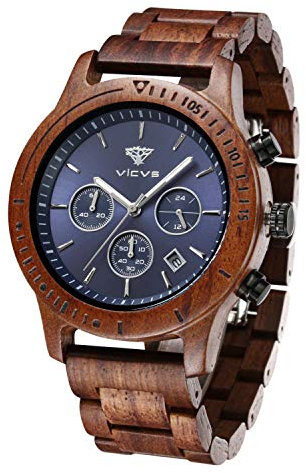 VICVS Herren Natur Hölzerne Uhr Multifunktionale Quartz Analog Armbanduhr mit Kalender Anzeige Chronograph-Funktion Hölzerne Armband für Männer (Sandalwood)