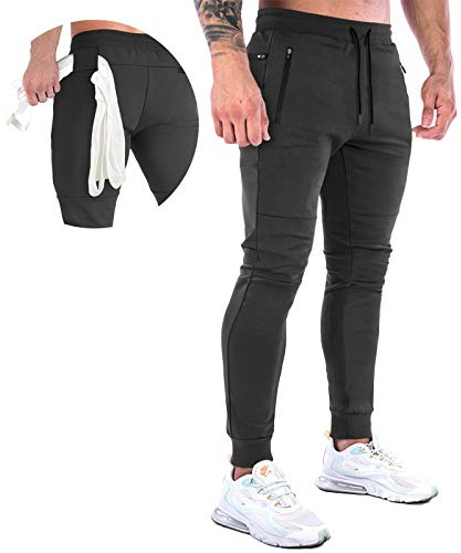 MakingDa Tracksuit Bottoms Men Slim Fit Gym Joggers Training Pants Tapered Skinny Cuffed Sweatpants Jogging Activewear Trousers Elastic Waist Drawstring Zip Pockets-Black-M