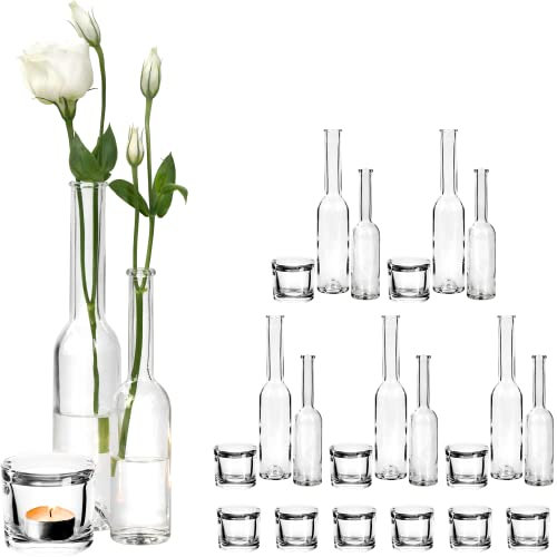 GIESSLE 24 teiliges Tischdeko Set mit 12x Windlicht Teelicht Glas und 12x Vasen Väschen Blumenvase