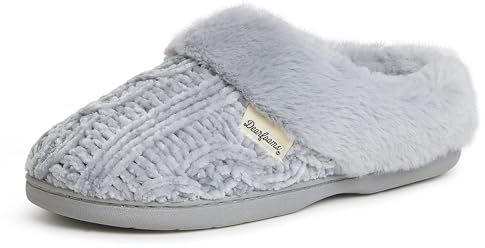 Dearfoams Women's Claire Marled Cable Knit Chenille Clog Slipper, Sleet, Medium