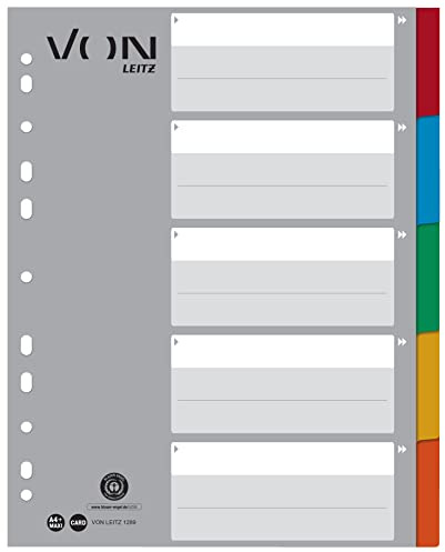 Från registerblad A4, 5 tomma avdelare för mappar, extra bred, 100% återvinningskartong, 11-håls universalregister för häfthäftapparat och ringpärm, från Leitz, flerfärgad, 12890000