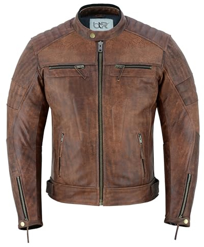 BTR BORN TO RACE Men's Motorbike Leather Jacket Distress Zip Up Bikers Riding Protection Motorcycle Leather Jackets (US, Alpha, Large, Regular, Regular, Natural Antique Brown-Jacket)