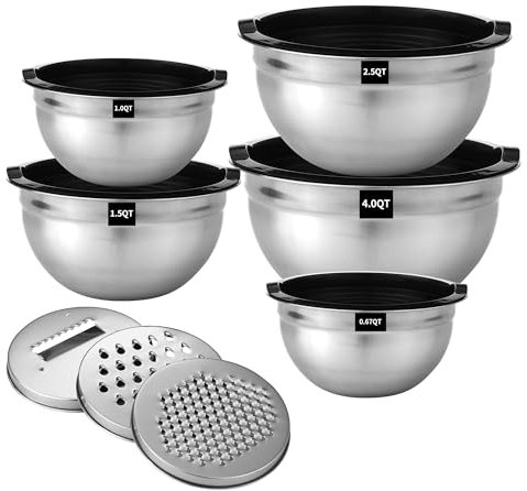 HAOYULUO Rührschüssel 5er Set,Edelstahl Schüssel mit Deckel,3 Reibenaufsätzen,Rutschfest und stapelbar,Größe 4.5L/2.7L/1.6L/1.1L/0.7L,Spülmaschinenfest