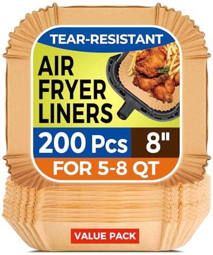 Air Fryer Paper Liners, 200pcs Air Fryer Liners Disposable, 8 Square Baking Paper Liner for 5-8 qt Airfryer Basket, Non-stick and Oil Proof Parchment Paper for Oven, Pans & Baking