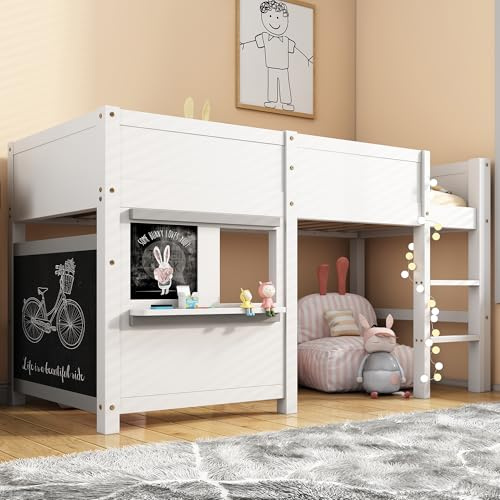 AYOROF Children's Bed, Bunk Bed with Ladder, House Bunk Bed with Two Boards and Small Shelf, Play Bed, Wooden Bed Frame, Youth Bed for Teenages Kids Boys Girls, White