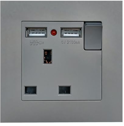 Electrical Single Switched Power Socket, 3-pin 13A Switched Plug Screwless Wall Socket with Two 2.1A USB Fast-Charging Charger Port, PC Plate Wall Outlet (Grey)