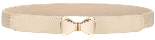 VONMELLI Elastic Skinny Belt for Women Dresses Fashion Stretch Thin Waist Belt Retro Ladies Belt with Bow Buckle Beige Fit Waist Size 31 to 37