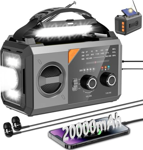20000mAh Emergency Weather Radio with Wireless Speaker, 74000mWh NOAA/AM/FM Hand Crank Solar Radio with Flashlight Cell, Phone Charger, Compass, Reading Light, SOS Alarm