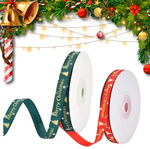 WUSJCOF 2 Rollen Ruban Noel, Ruban Cadeau Noel, Ruban Satin Noël, Ruban Emballage Noel, Ruban Rouge et Vert pour Emballage Cadeau, Décoratif, Bricolage Artisanat, Ruban de Noel (Vert/Rouge)
