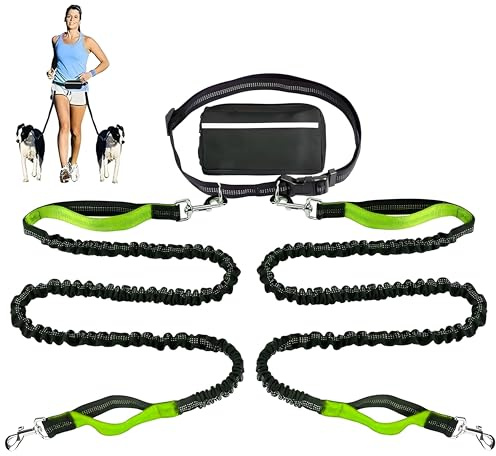 BLIVORRA 𝐇𝐞𝐚𝐯𝐲 𝐃𝐮𝐭𝐲 Hands Free Dog Leash for 2 Dogs – Dual Bungee Running Leash with Adjustable Waist Belt, Tangle-Free 360° Swivel, Shock Absorbing, Padded Handles & Zipper Pouch