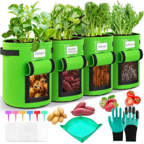 KIMIGO 4 Stück Kartoffel Pflanzsack 10 Gallonen,Kartoffelsack Zum Pflanzen mit Sichtfenster,Pflanztaschen Kartoffelsack,Garten Pflanzbeutel,Kartoffelpflanzsäcke für Gemüse Blumen Früchte