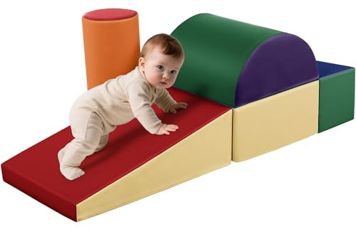 Wilwolfer Juego de 5 Bloques de Espuma para Niños: Cuero PU Bloques Psicomotricidad Infantil - Set de Escalada Suave Ligero para Interior Infantil Juego de Trepar y Gatear Regalo para Bebés(Clásico)