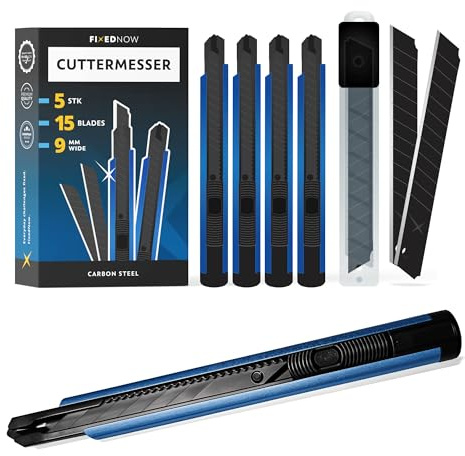 FixedNow 5 x 9 mm skärkniv med 15 x brutna blad | Tillverkad av extra vasst japanskt kolstål | För hemmafixare, hantverkare, hobbyister | Professionell mattkniv, kniv