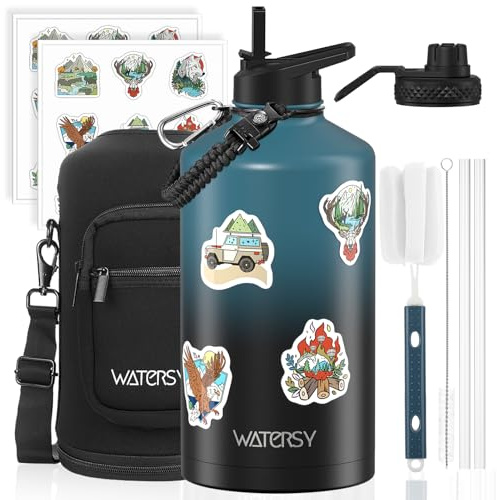 1 Gallon Water Bottle Insulated(Cold for 48 Hrs),BPA Free&Leak Proof,128oz Stainless Steel Water Jug,Large Water Bottle with Straw Spout Lids for Gym,Hiking,Camping&Travel,Black Blue