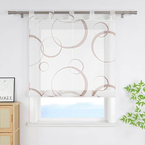 ESLIR Raffrollo mit Schlaufen Modern mit buntes Blasenmuster Raffgardinen Transparent Bändchenrollo für Fenster Voile Schlaufenrollo Wohnzimmer Braun BxH 100x150 cm 1 Stück